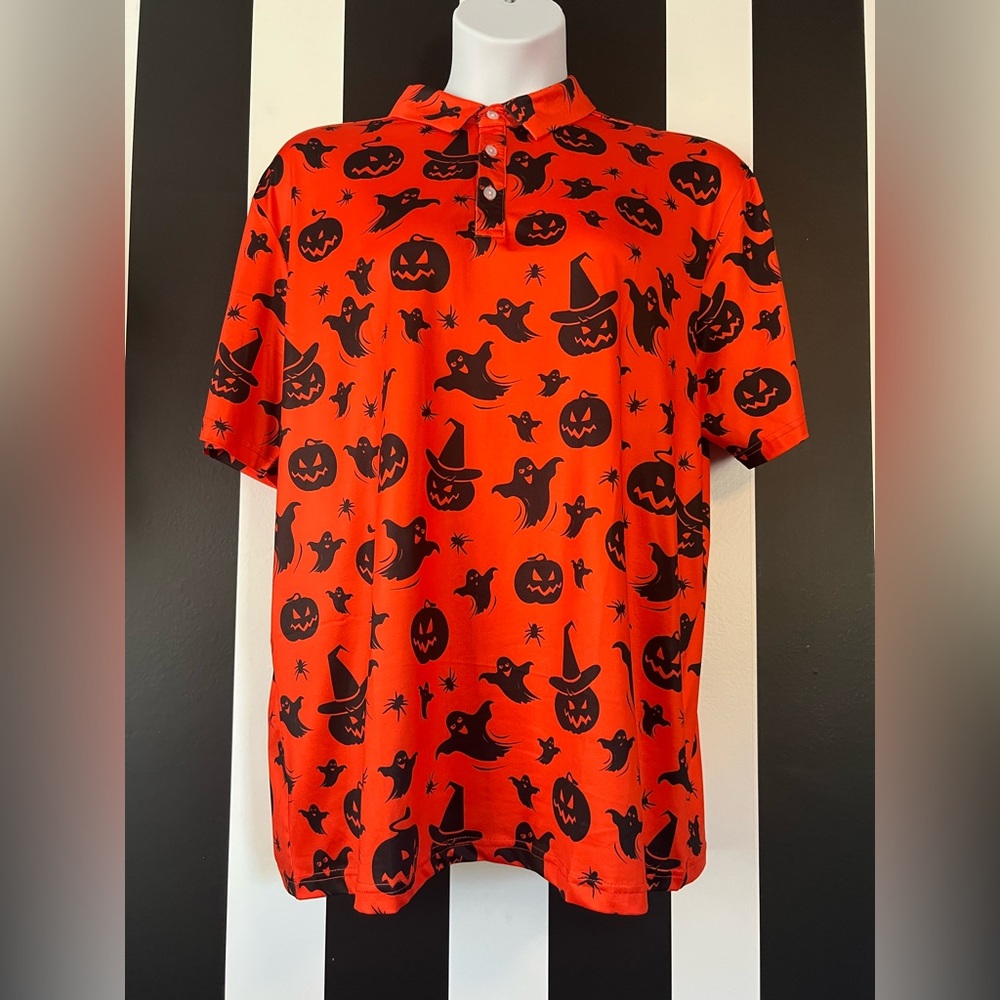 Halloween Themed Orange and Black Polo Shirt XL unisex